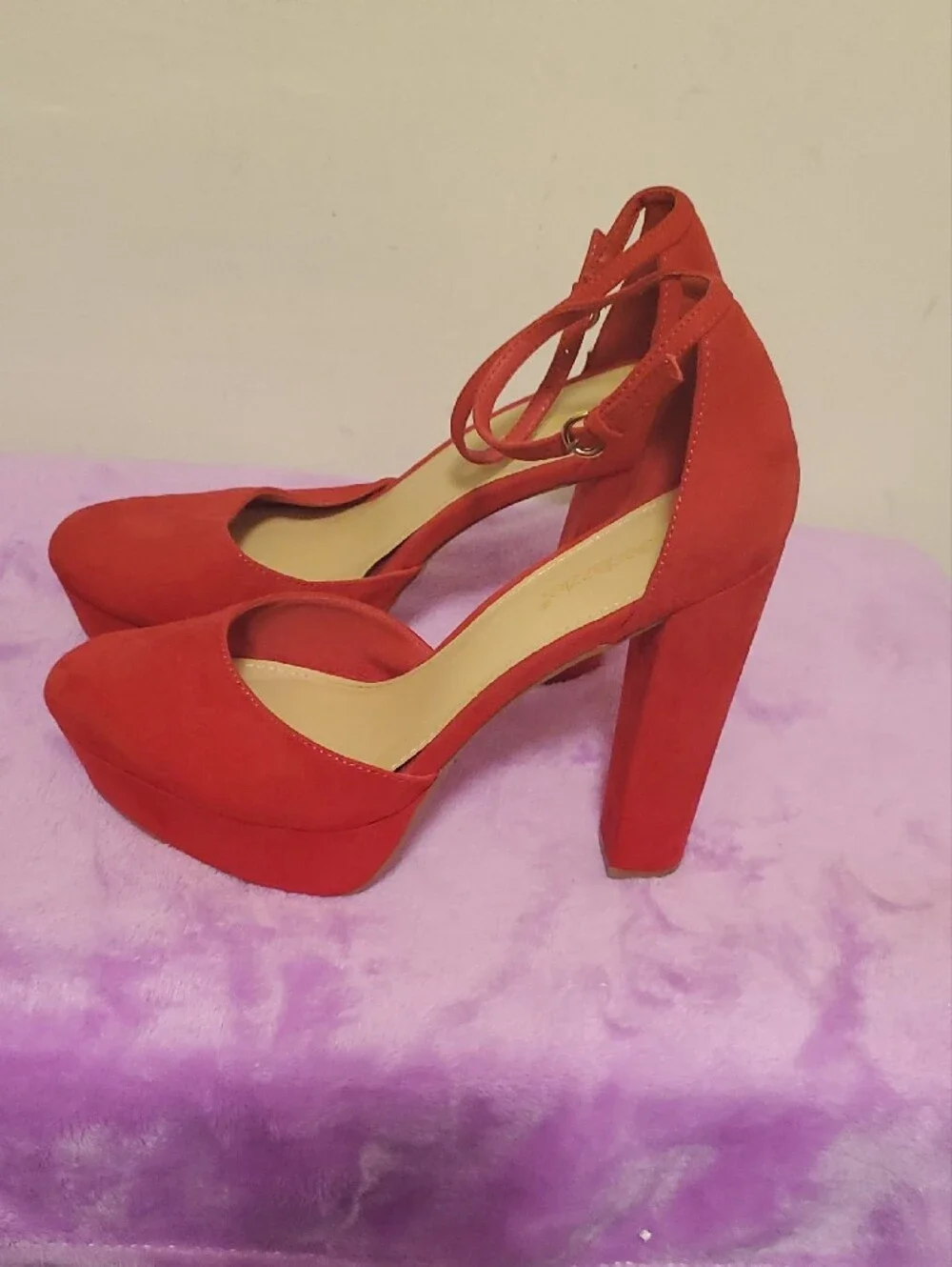 Shoe Dazzle Red Suede Ankle-Strap Platform Heels